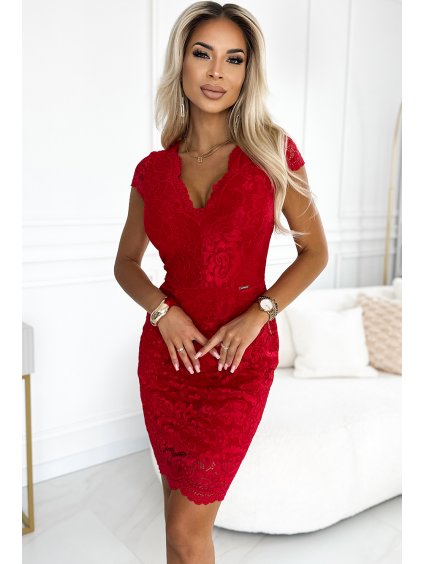 Červené čipkové šaty s krátkymi rukávmi a výstrihom GITA