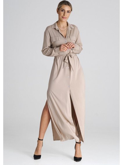 Béžové košeľové maxi šaty