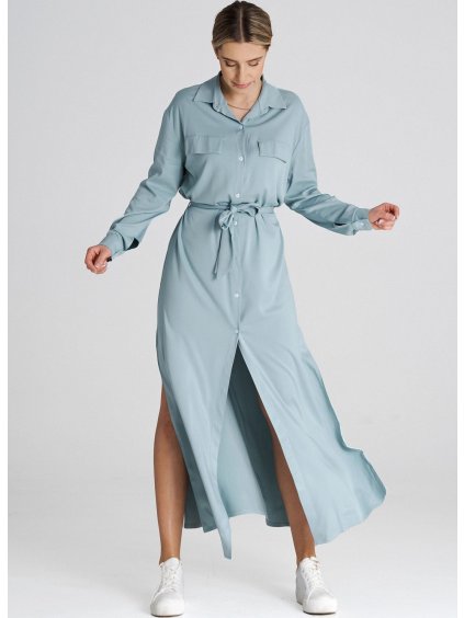 Svetlomodré košeľové maxi šaty