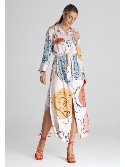 Smotanové košeľové maxi šaty so vzorom