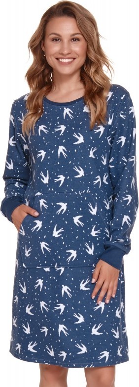 Tmavomodrá nočná košeľa s dlhým rukávom - potlač lastovičiek Veľkosť: S