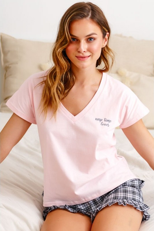 Ružové dámske krátke pyžamo s károvanými šortkami Veľkosť: XL