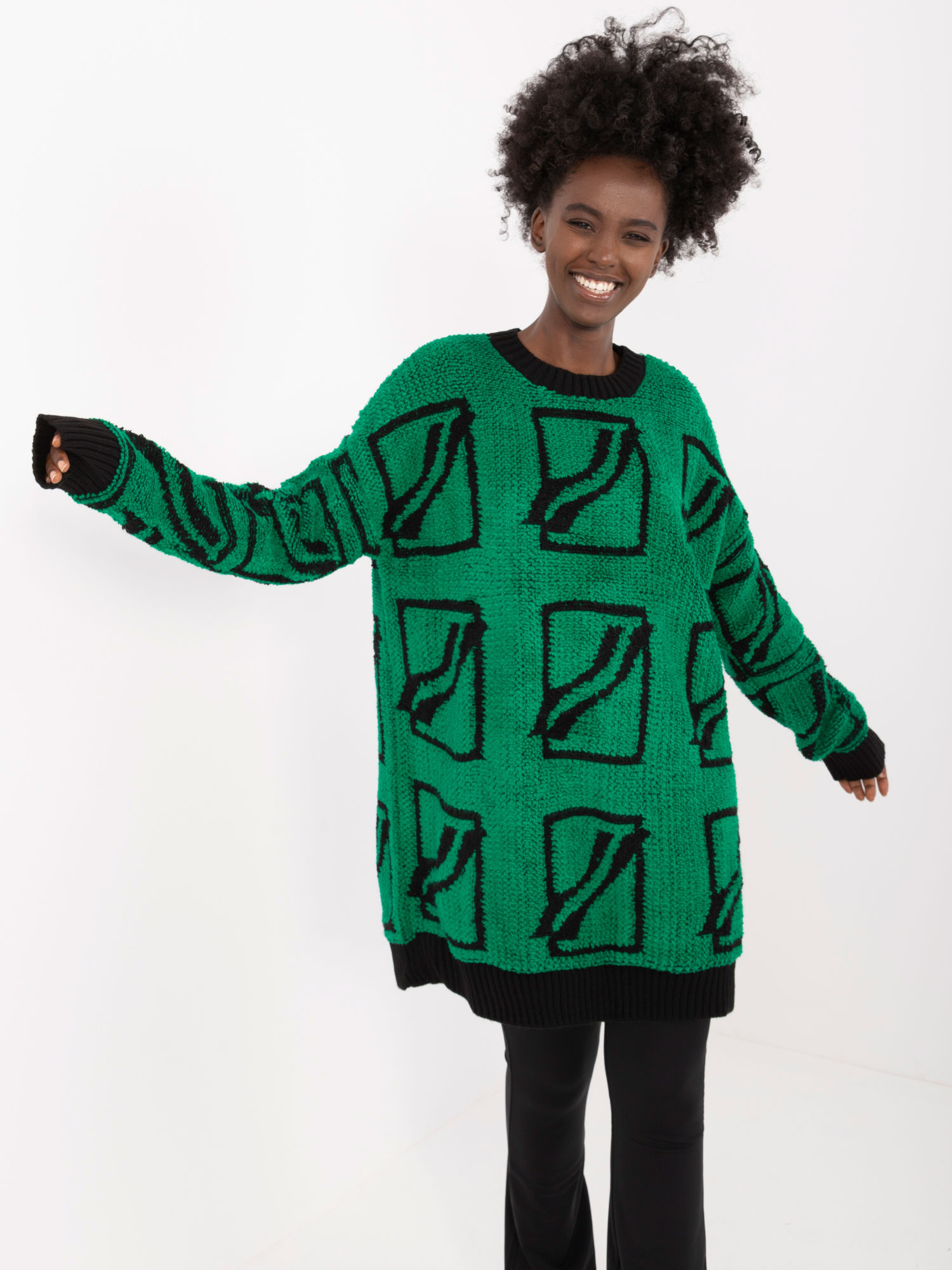 Tmavozelený voľný sveter so vzormi BA-SW-0277.02-zielony Veľkosť: ONE SIZE