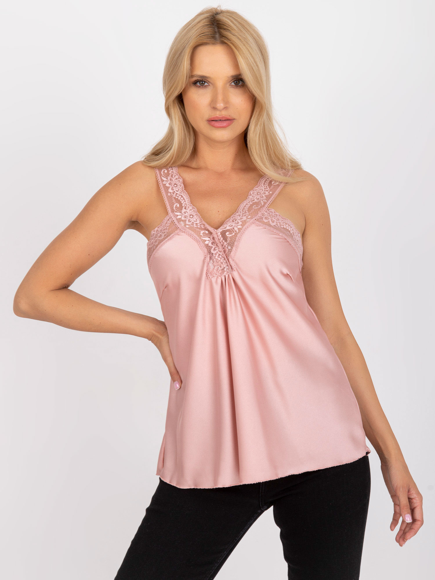 Púdrový top s čipkovým lemovaním a ramienkami -TW-TP-BI-1322.57-jpowder pink Veľkosť: L