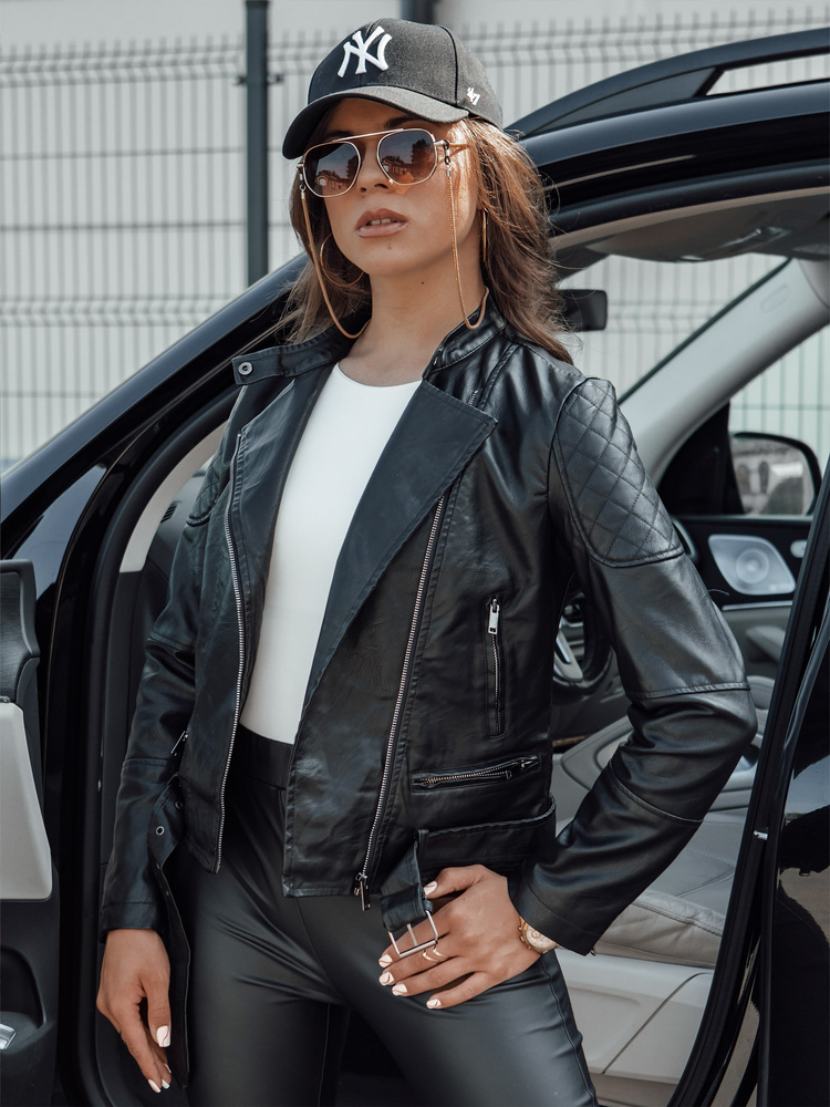 Čierna koženková bunda s pásikom ERIPA TY4555 Veľkosť: S