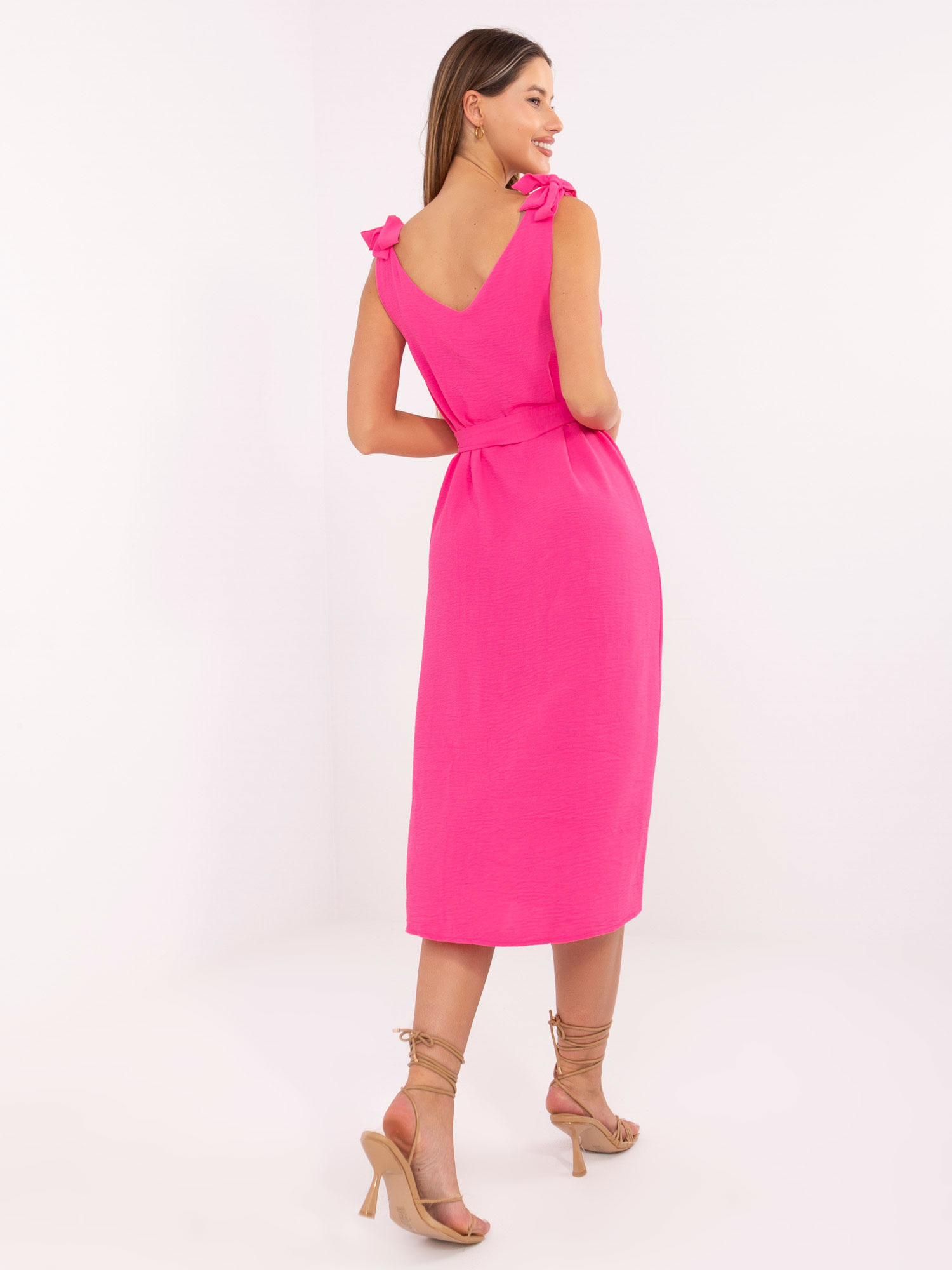 Neónovo ružové letné midi šaty s viazaním -WN-SK-1211.58-fluo pink Veľkosť: S