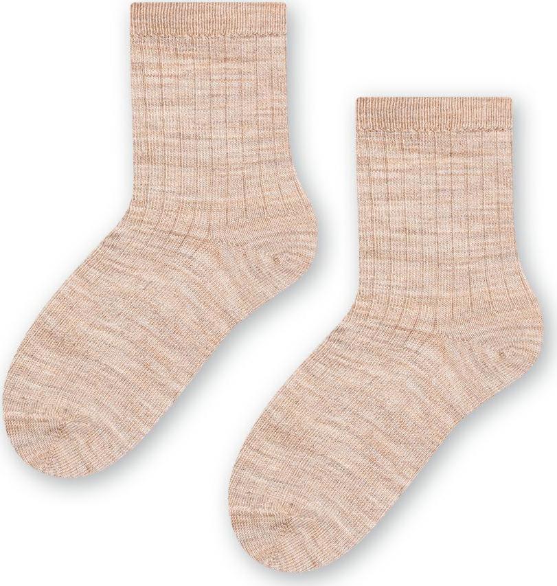 Béžové rebrované ponožky z merino vlny pre deti Art.130 MC024, LIGHT BEIHE MELANGE - RIBBED PRESSURE-FREE Veľkosť: 23/25