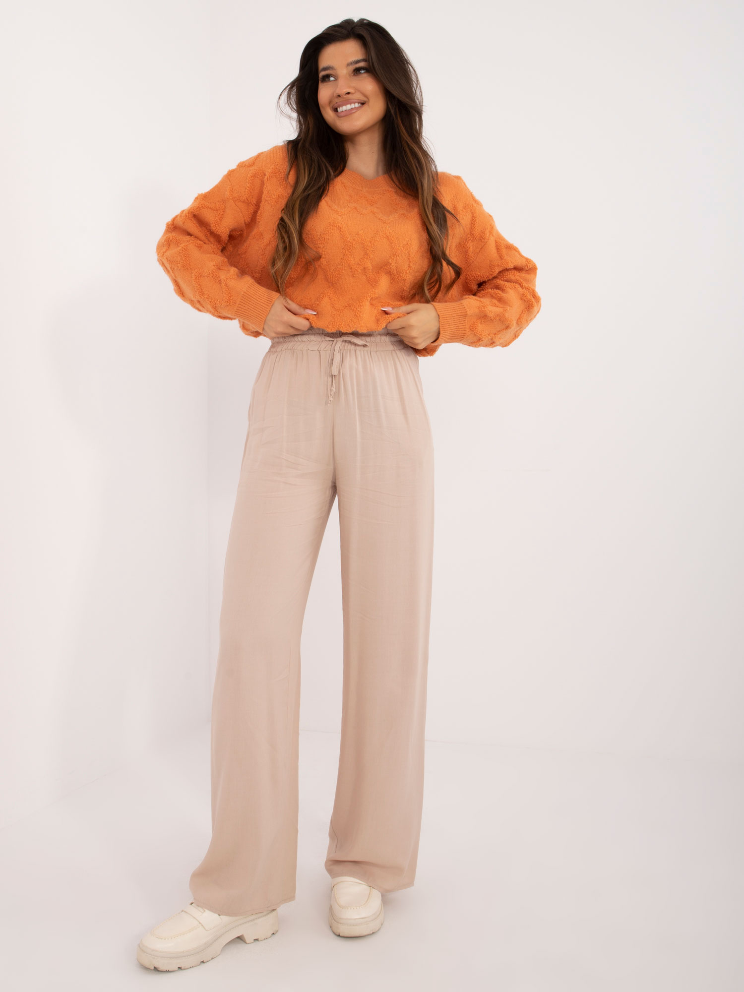Béžové dámske letné široké nohavice LK-SP-509331.25-beige Veľkosť: S/M