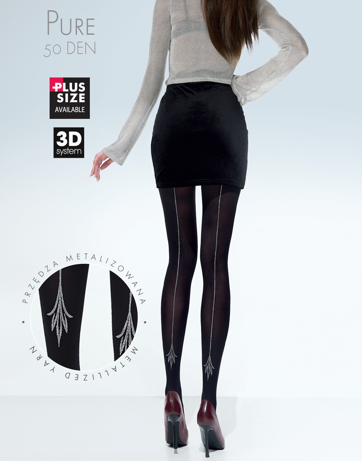 Čierne silonky s jemným metalizovaným vzorom Knittex Pure 3D 50 den 2-4 Veľkosť: L, Barva: čierna