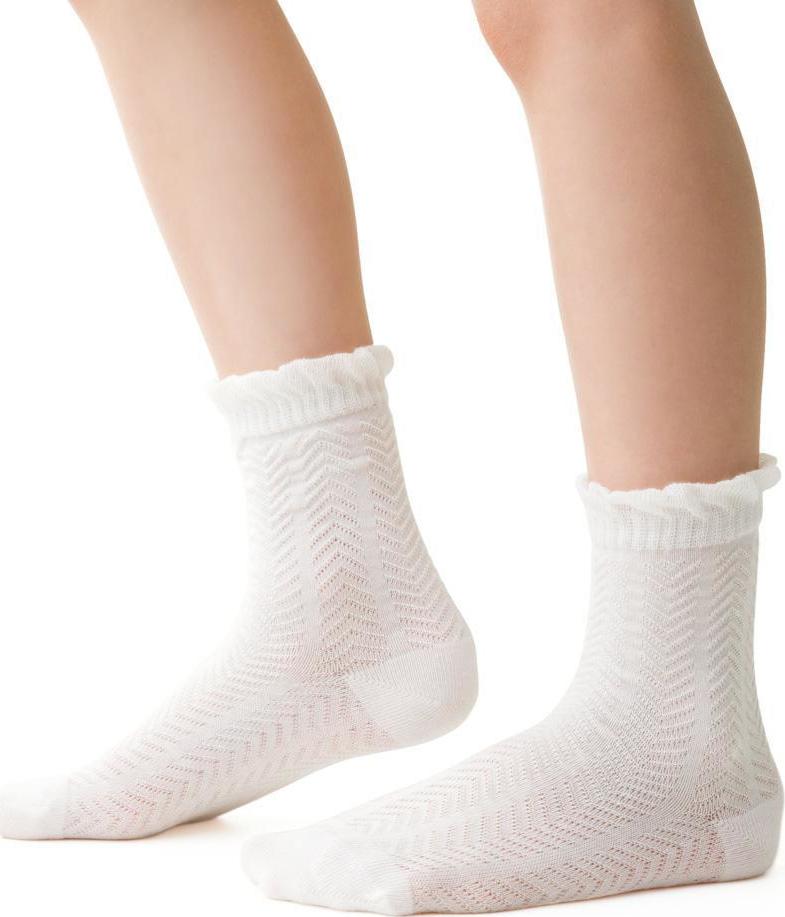 Smotanové dievčenské ponožky s háčkovaným vzorom Art.014 DO465, ECRU 3D Veľkosť: 32/34