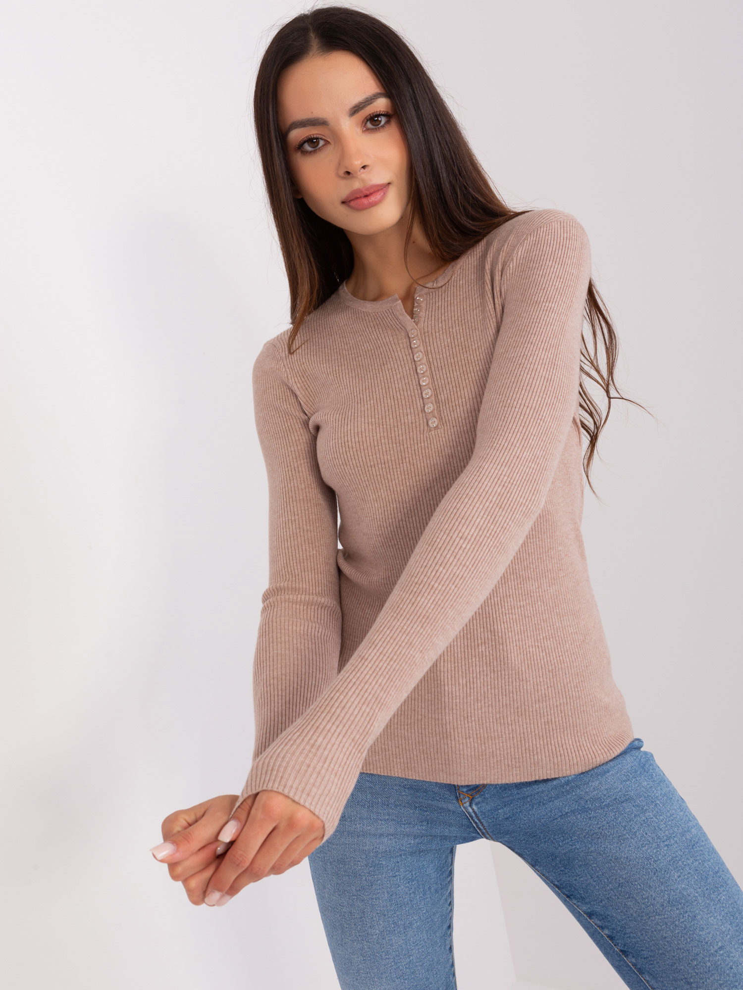 Tmavobéžové rebrované tričko s gombíkmi PM-SW-Y-0078.87-dark beige Veľkosť: ONE SIZE