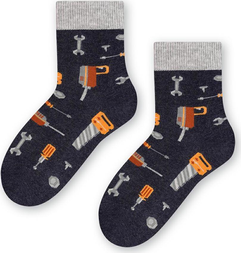 Tmavomodré chlapčenské ponožky s náradím Art.084 XA016, DENIM MELANGE Veľkosť: 29/31