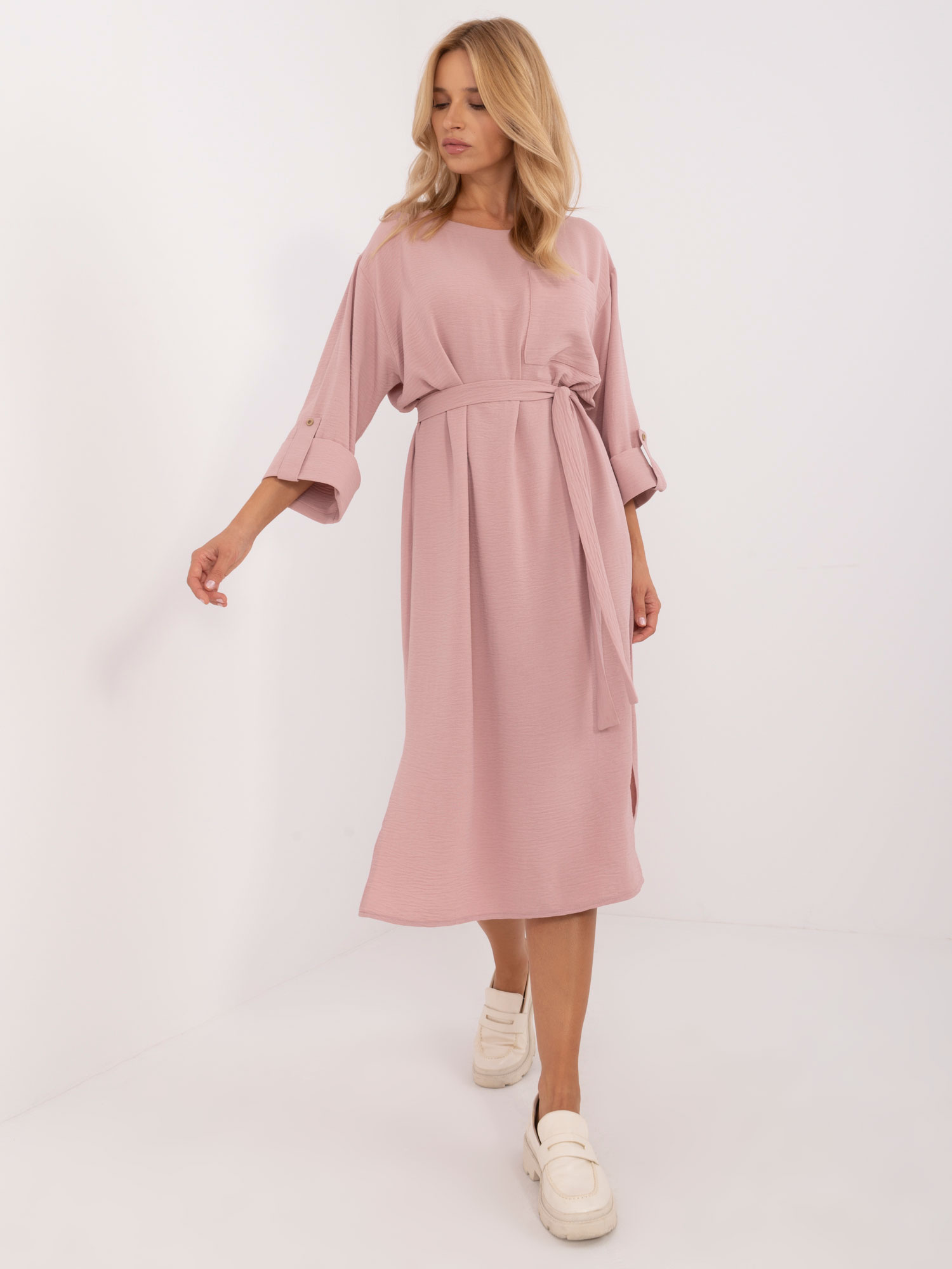 Ružové voľné šaty s pásikom LK-SK-509694.61-pink Veľkosť: S/M