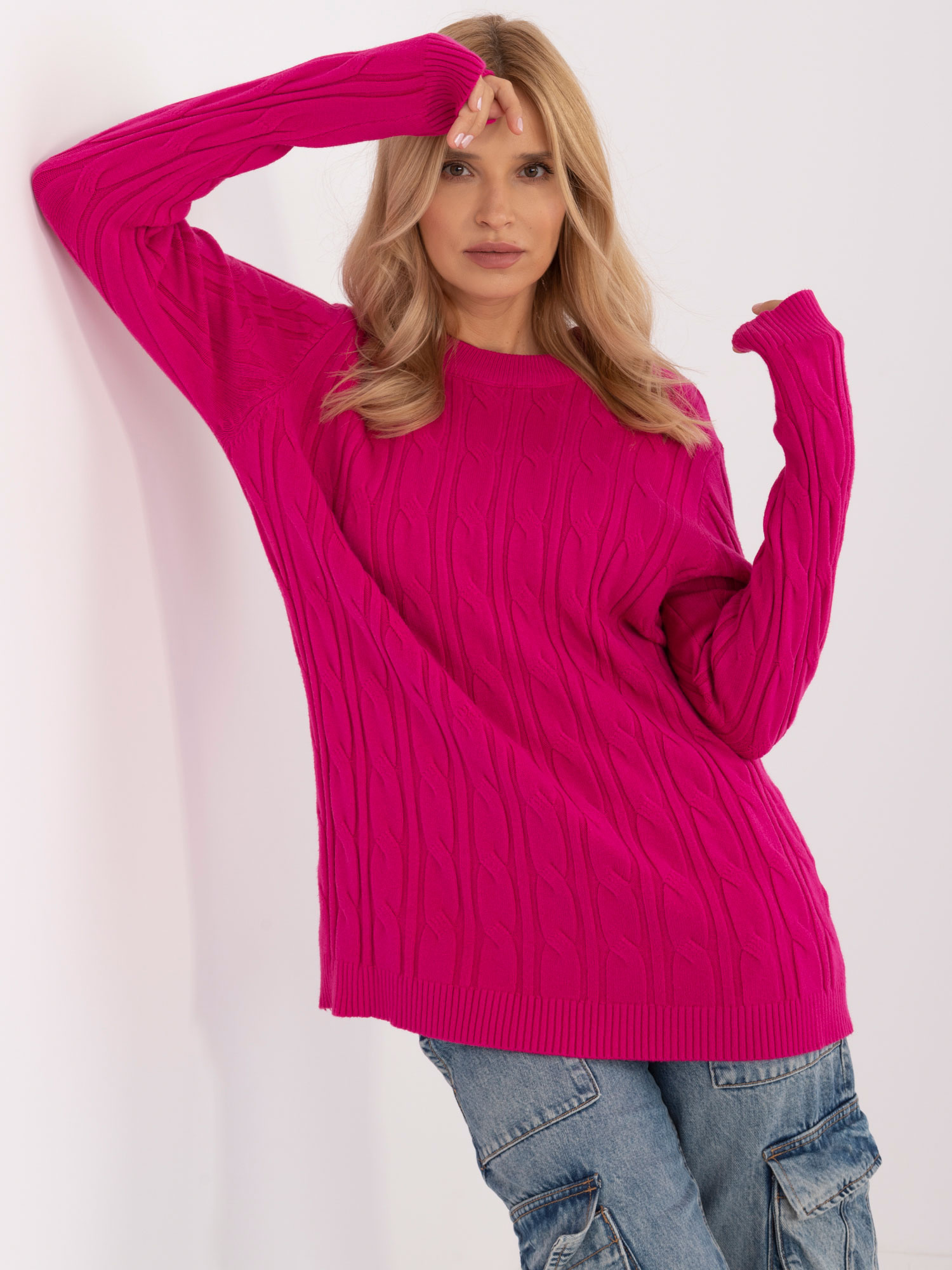 Tmavoružový klasický pletený sveter -AT-SW-2343.88-dark pink Veľkosť: ONE SIZE