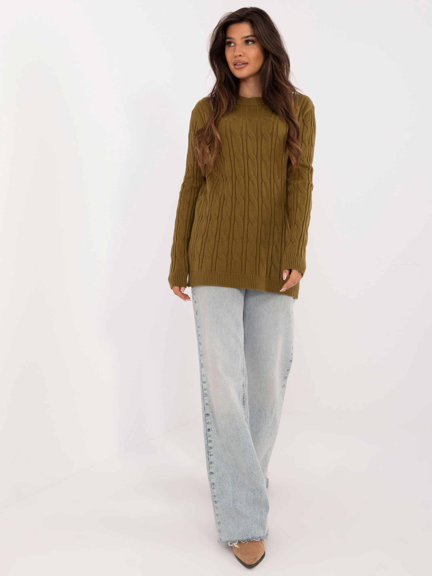 Klasický pletený khaki svetr -AT-SW-2343.88-khaki Veľkosť: ONE SIZE