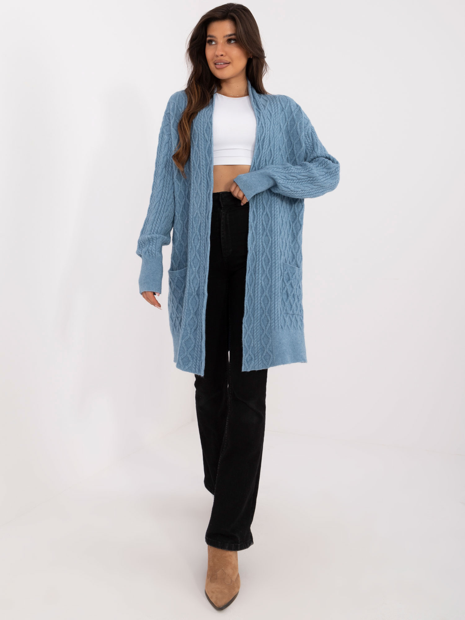 Modrý pletený kardigán s vreckami -AT-SW-2366.61-blue Veľkosť: ONE SIZE