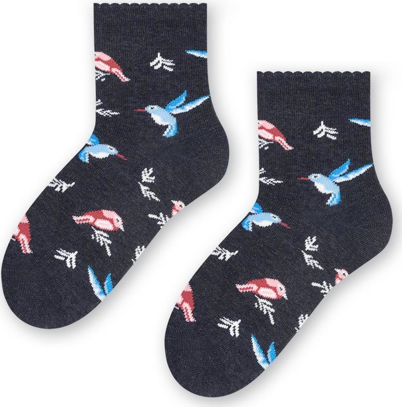 Tmavosivé dievčenské ponožky s vtáčikmi Art.084 XB032, DENIM MELANGE Veľkosť: 32/34