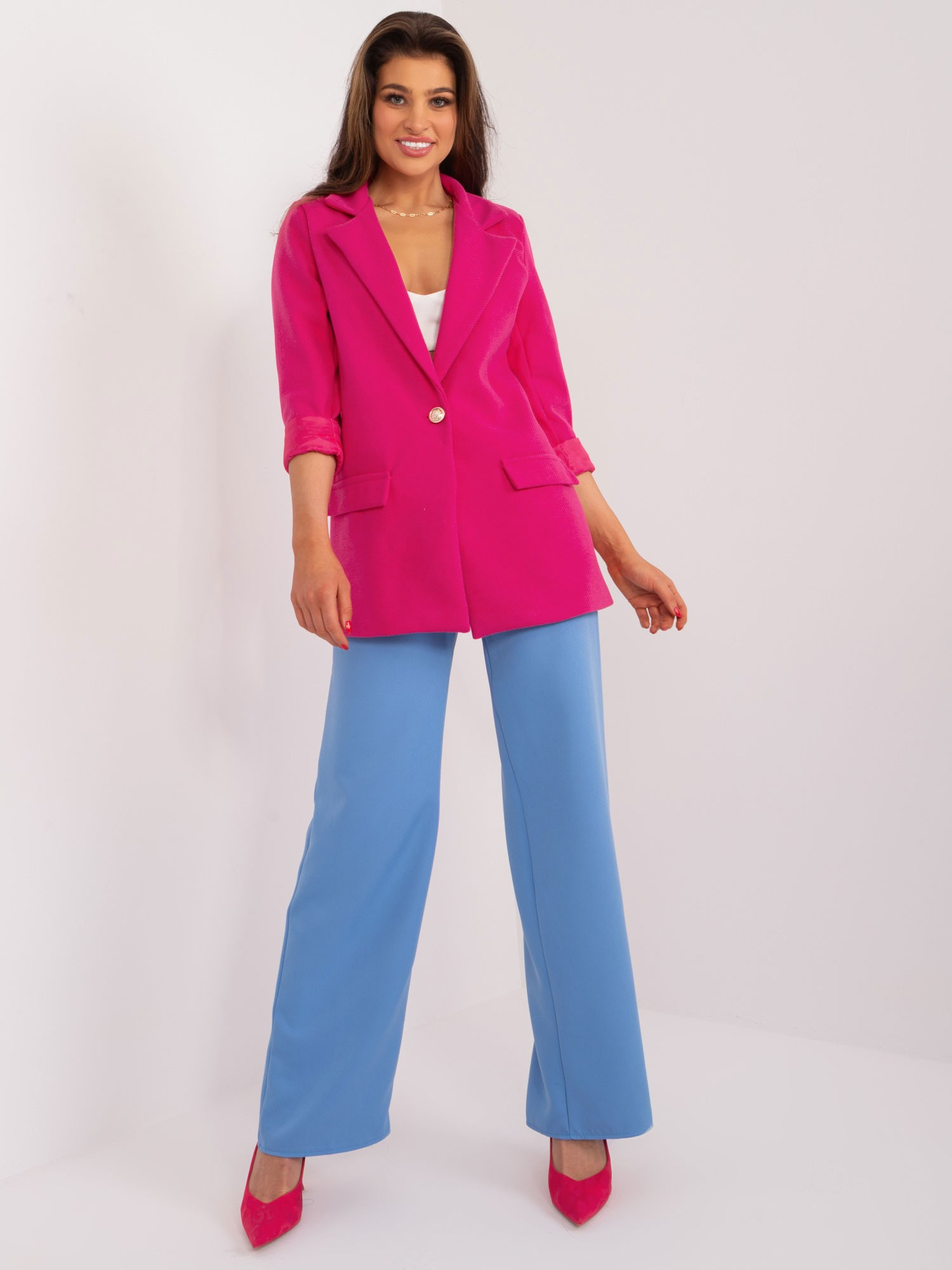 Tmavoružové elegantné dámske sako -DHJ-MA-18598.13-fuchsia Veľkosť: ONE SIZE