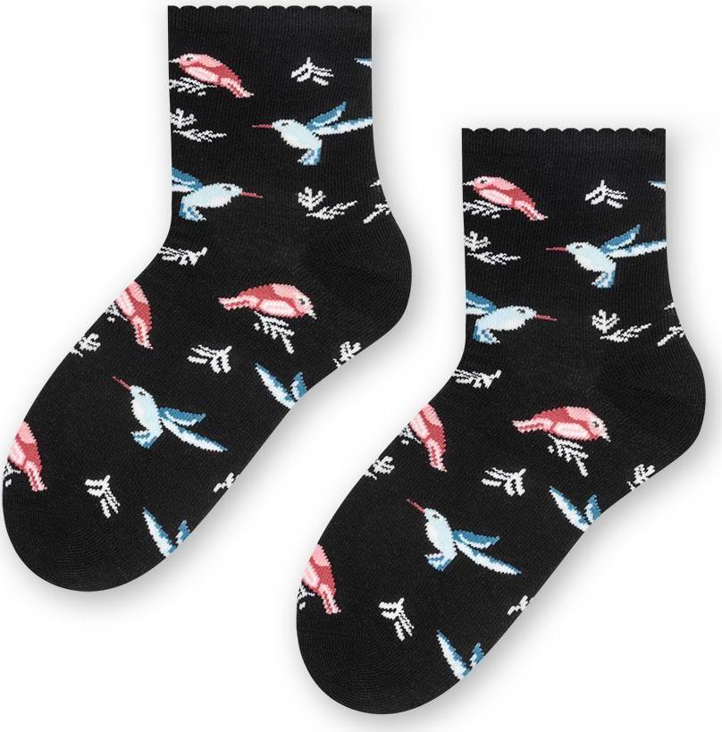 Tmavomodré dievčenské ponožky s vtáčikmi Art.084 XB033, NAVY BLUE Veľkosť: 29/31
