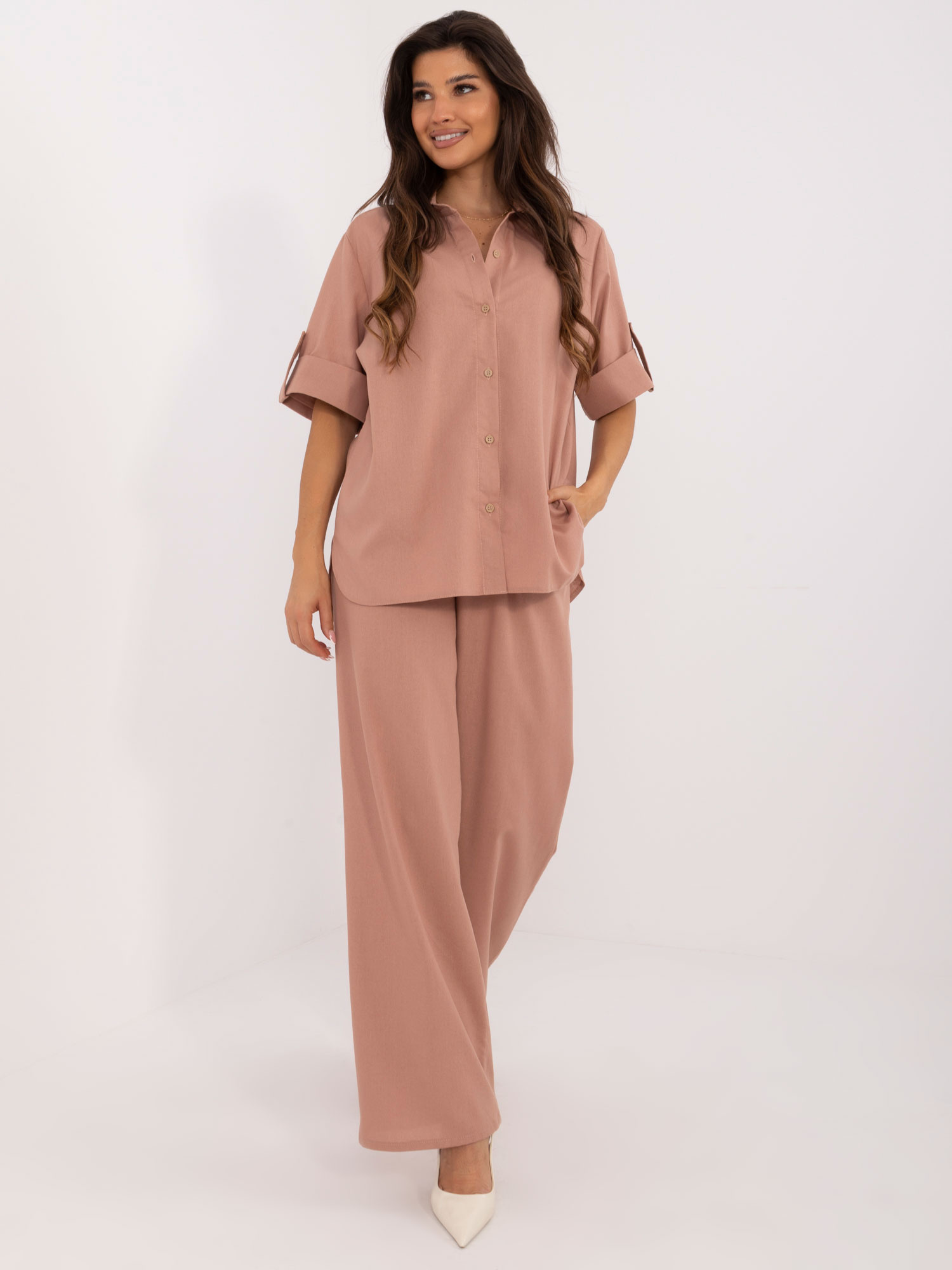 Púdrový ľanový letný set LK-KMPL-509670.91-pink Veľkosť: S/M