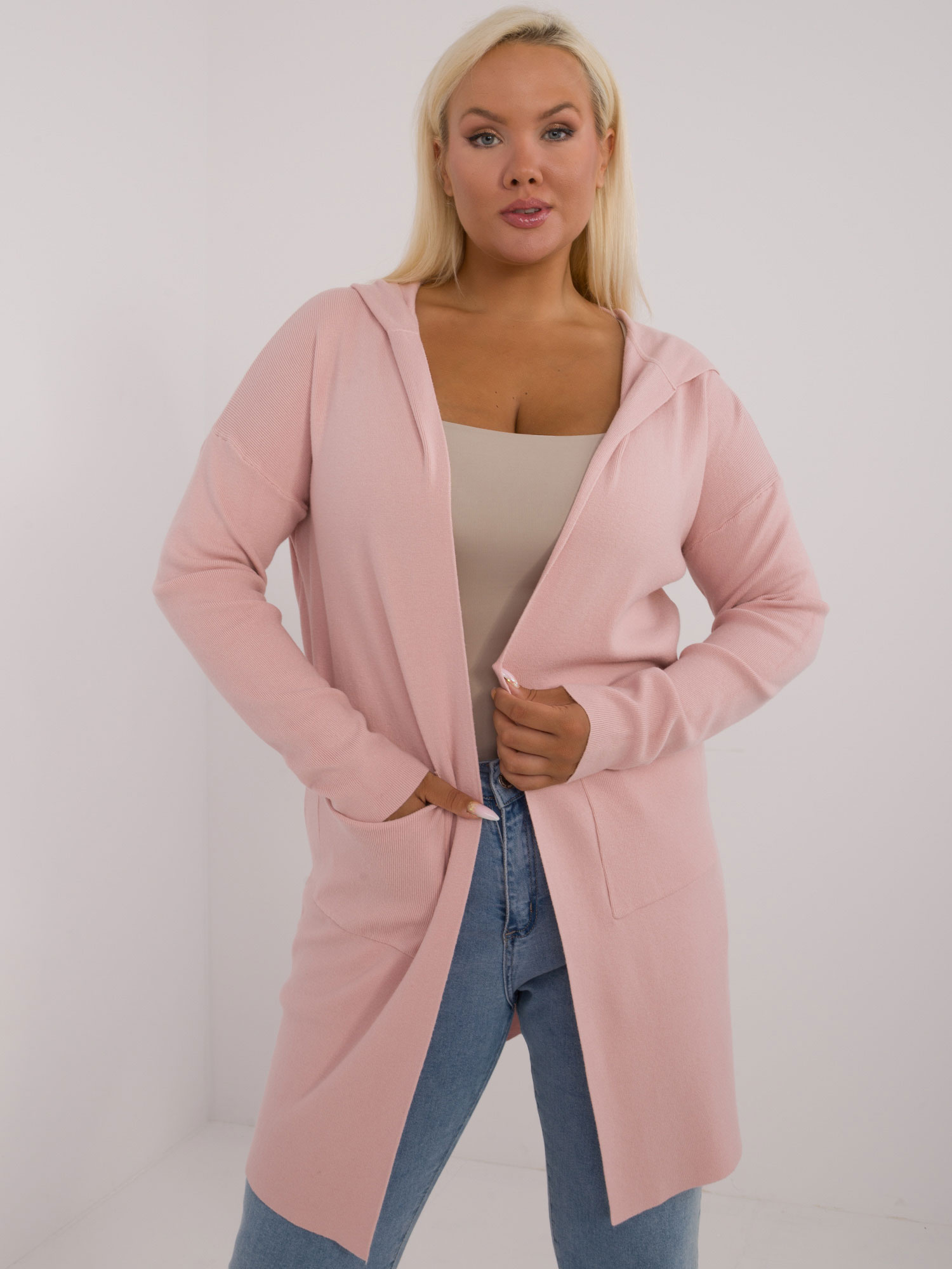 Svetloružový dámsky dlhý sveter s kapucňou PM-SW-PM728.02-light pink Veľkosť: XL/2XL