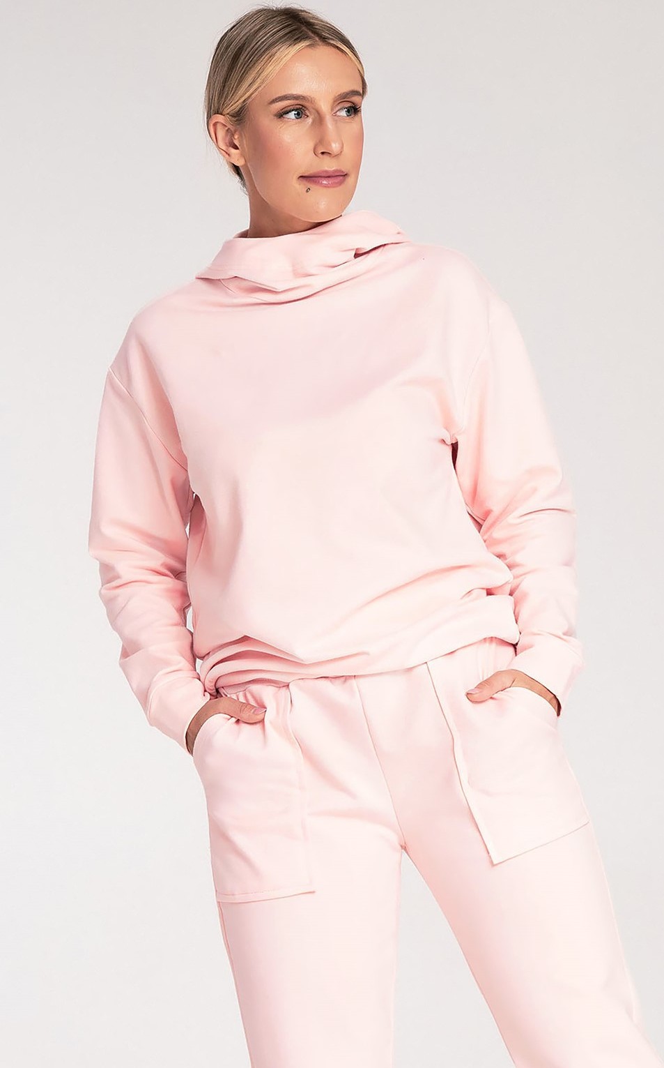 Svetloružová dámska bavlnená mikina s kapucňou M1034 Light pink Veľkosť: L