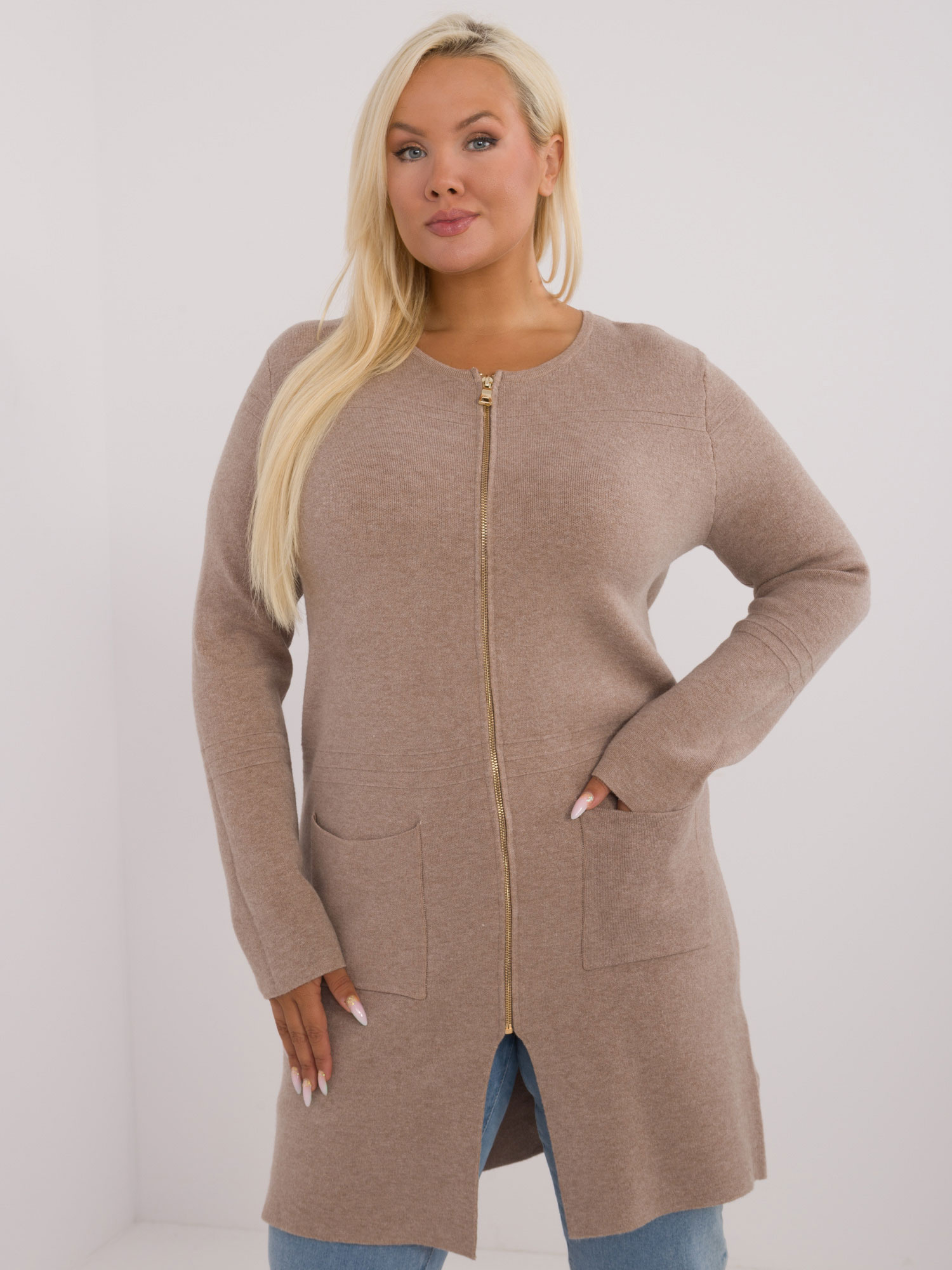 Béžový dámsky sveter so zapínaním PM-SW-PM793.01-beige Veľkosť: XL/2XL