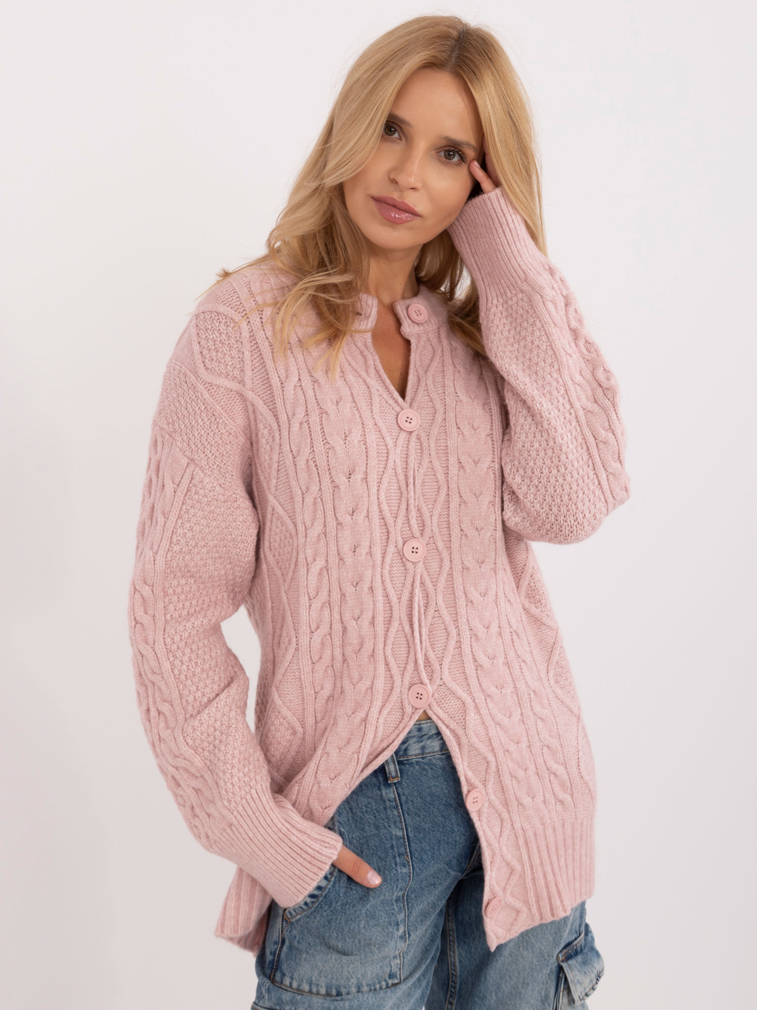 Ružový dámsky kardigán so zapínaním AT-SW-23525.21-light pink Veľkosť: ONE SIZE