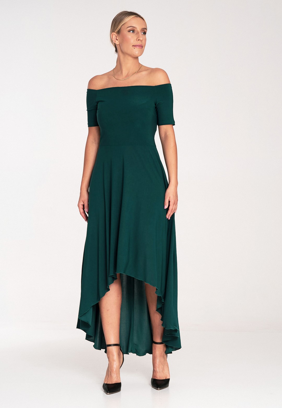 Tmavozelené asymetrické šaty s odhalenými ramenami M1032 Dark green Veľkosť: XL