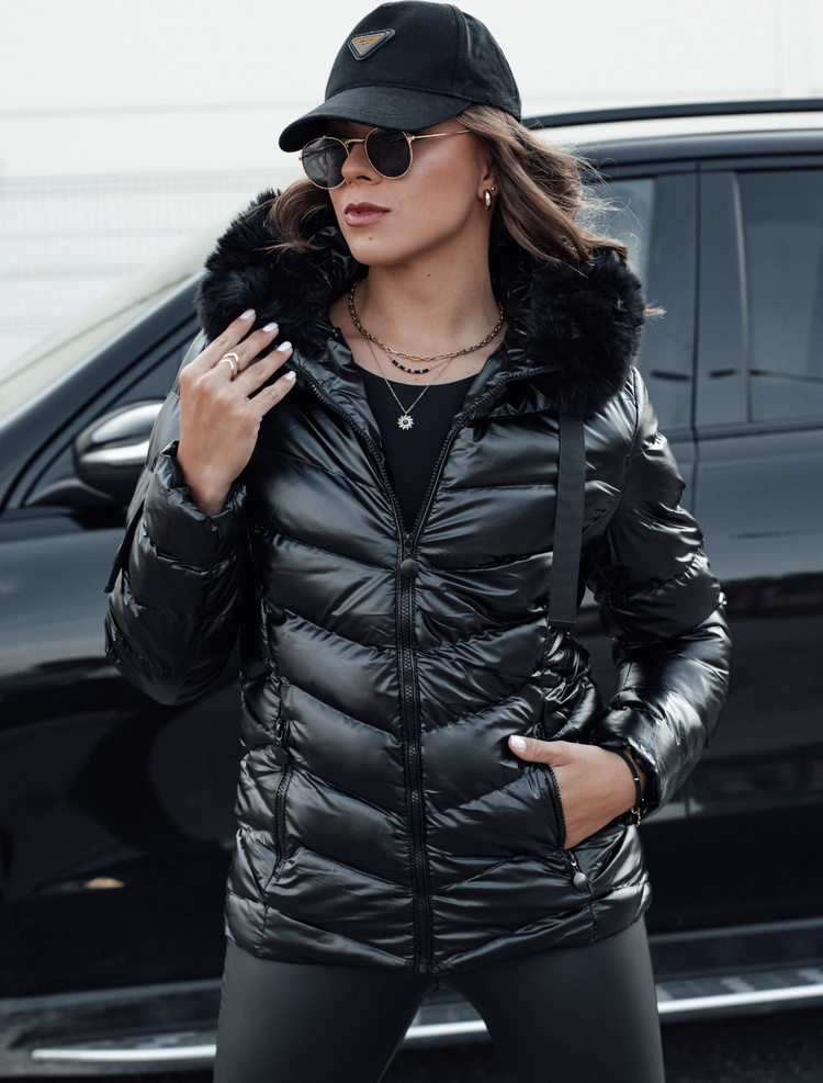 Čierna lesklá prešívaná bunda s kožušinou MIRIAL TY4574 Veľkosť: M