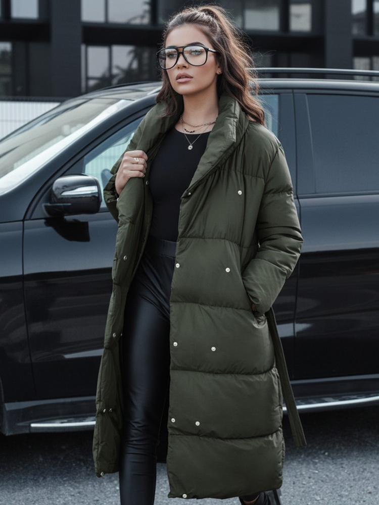 Khaki dlhá prešívaná bunda s pásikom FAVI TY4576 Veľkosť: S