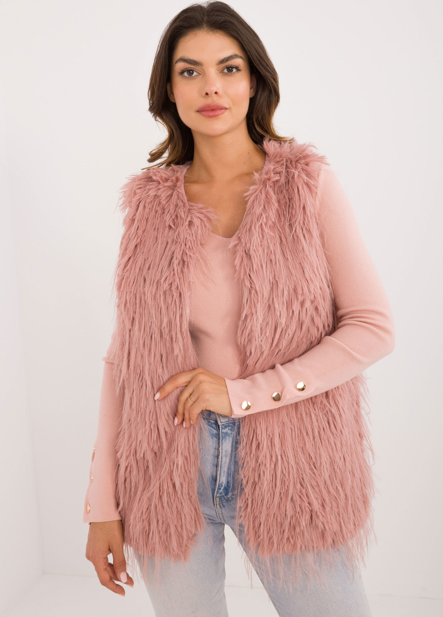 Púdrová kožúšková vesta AT-KZ-2349-1.50-pink Veľkosť: S/M