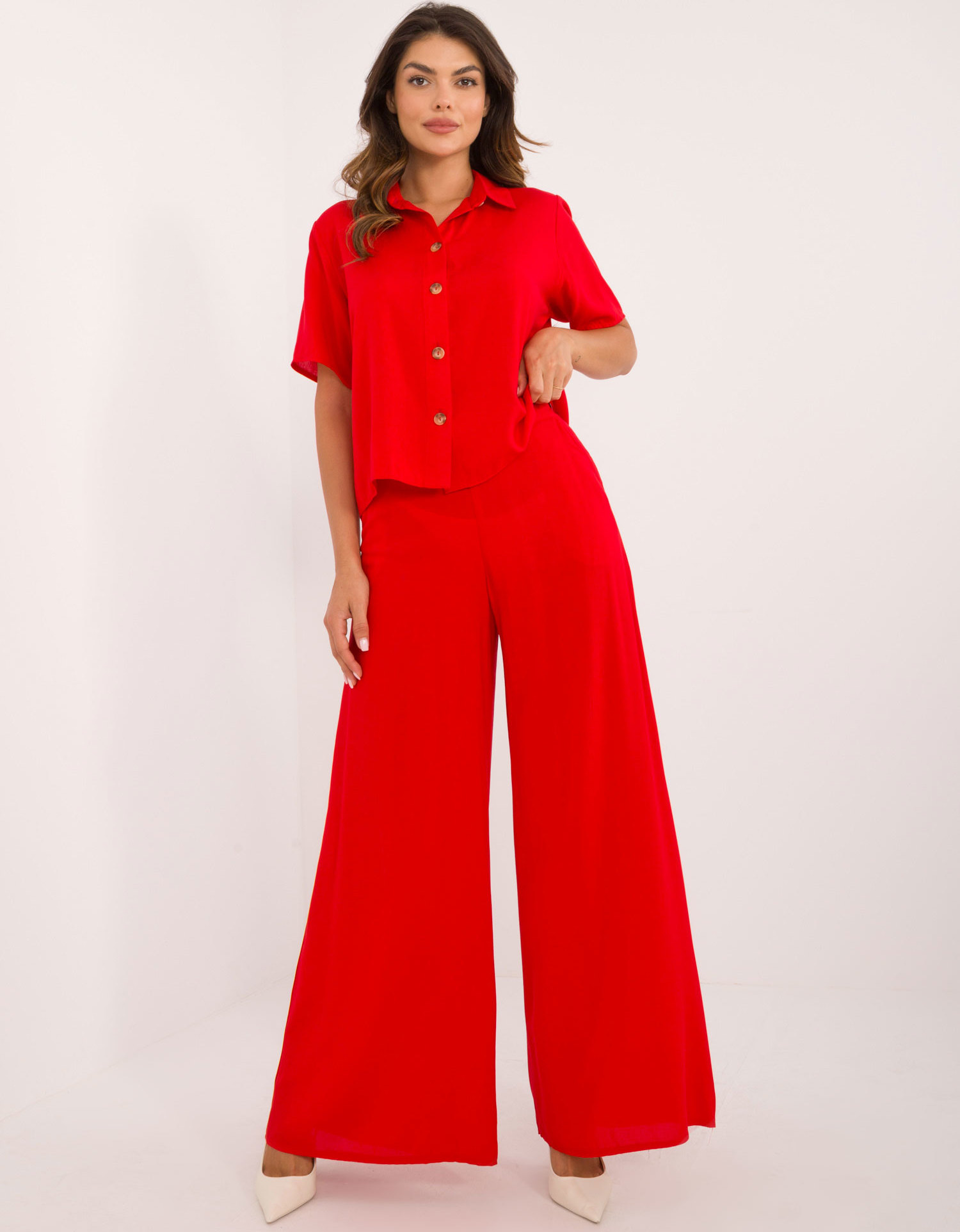 Červený letný komplet košele a širokých nohavíc LK-KMPL-509714.20-red Veľkosť: S/M