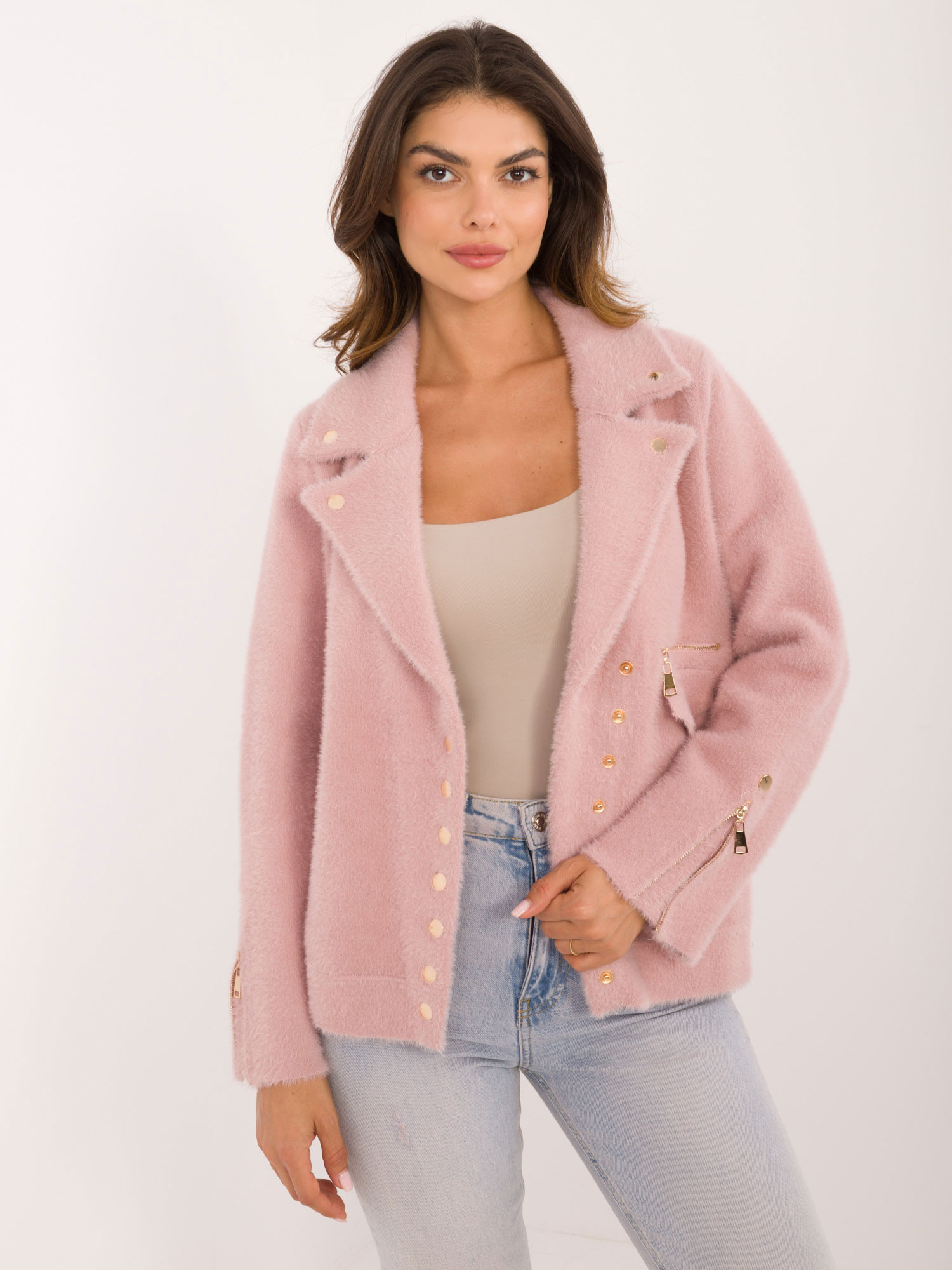 Svetloružový dámsky kabátik z alpaky MBM-KR-250.77-light pink Veľkosť: ONE SIZE