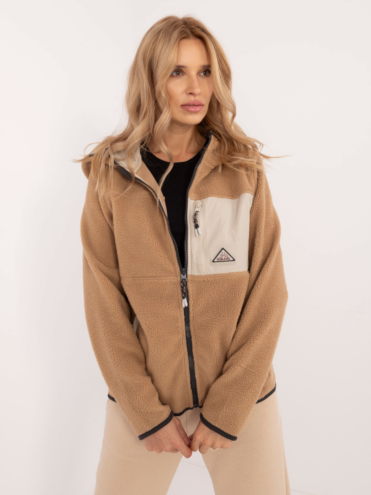 Béžová dámska fleecová mikina D20001M02671A2-beige Veľkosť: L