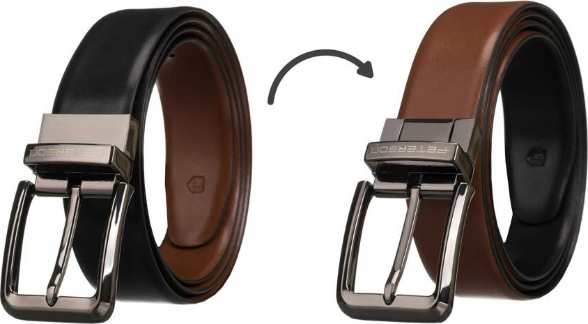 Peterson Hnedo-čierny obojstranný kožený opasok s otočnou prackou [DH] PTN RB35-95-MET Veľkosť: 95