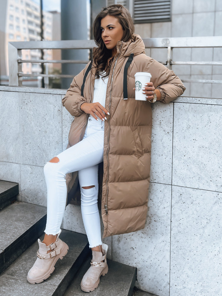 Tmavobéžový dlhý vyteplený kabát COZYSEASON TY3759 Veľkosť: XL