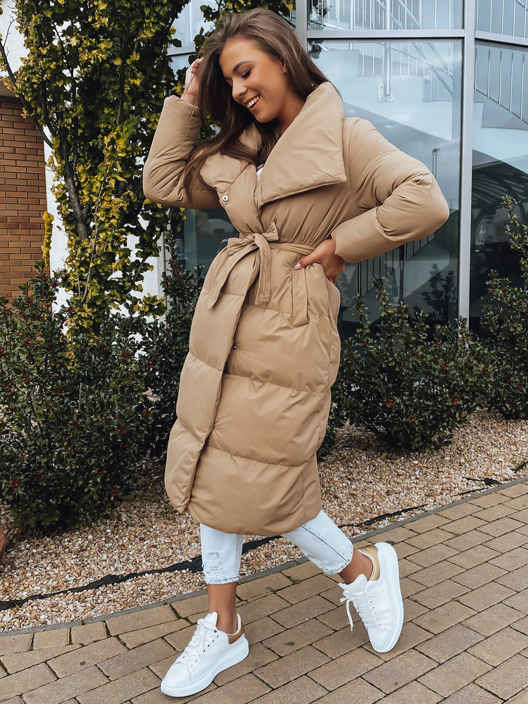 Béžová dlhá prešívaná bunda s opaskom FAVI TY3091 Veľkosť: L