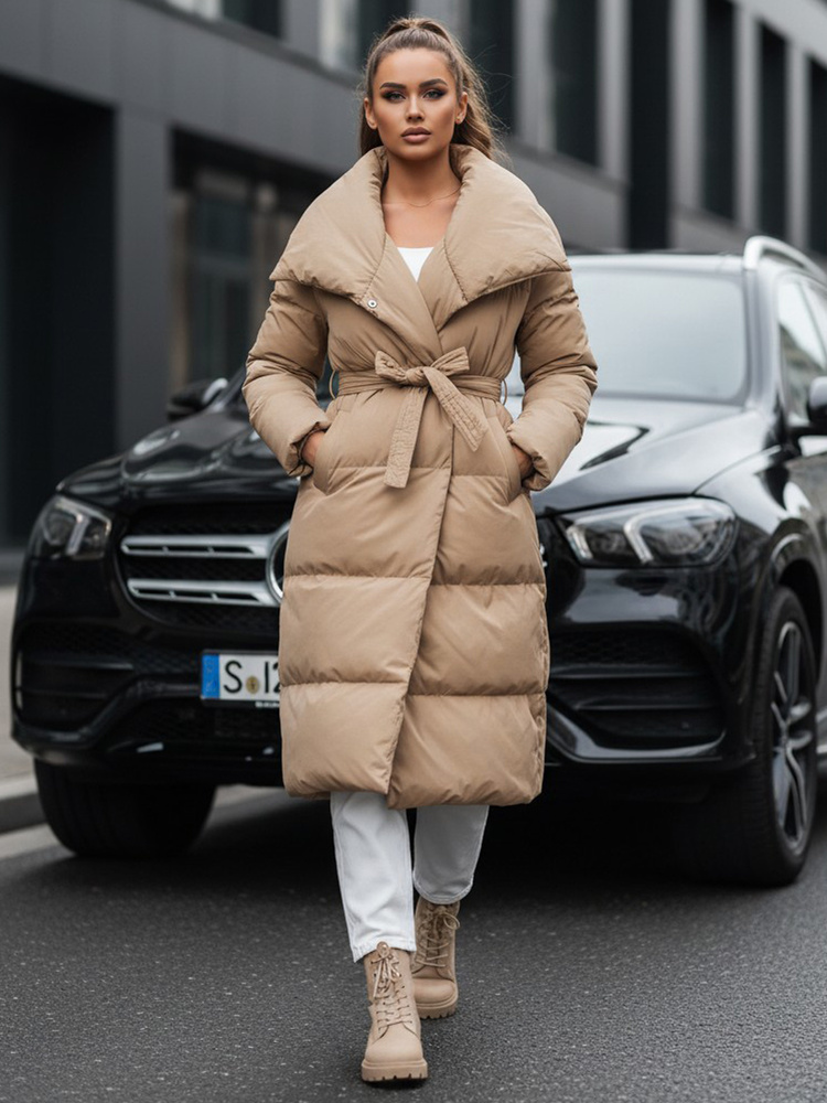 Béžová dlhá prešívaná bunda s opaskom FAVI TY3091 Veľkosť: S