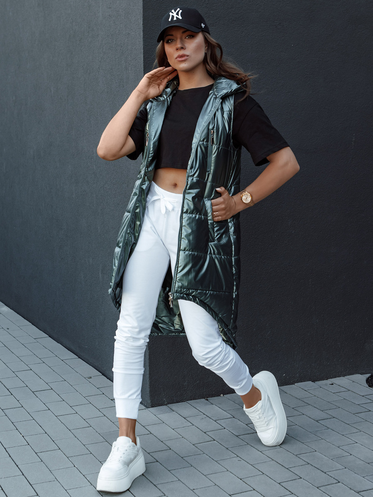 Tmavozelená dlhá prešívaná vesta asymetrického strihu MERIS TY4425 Veľkosť: S