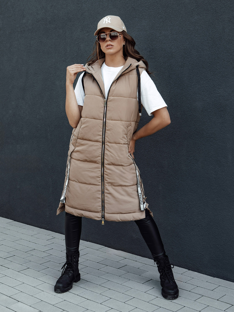 Béžová dlhá dámska prešívaná vesta s kapucňou SKYLER TY4503 Veľkosť: S