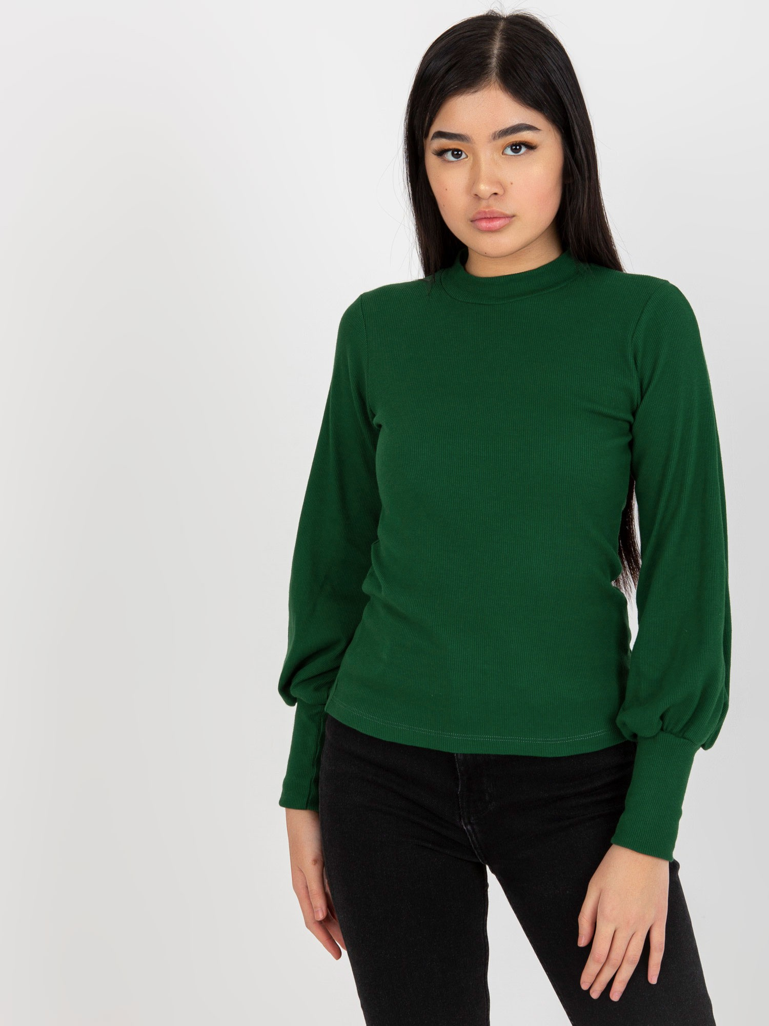 Tmavozelené rebrované tričko s balónovými rukávmi -RV-BZ-5223.15-dark green Veľkosť: S