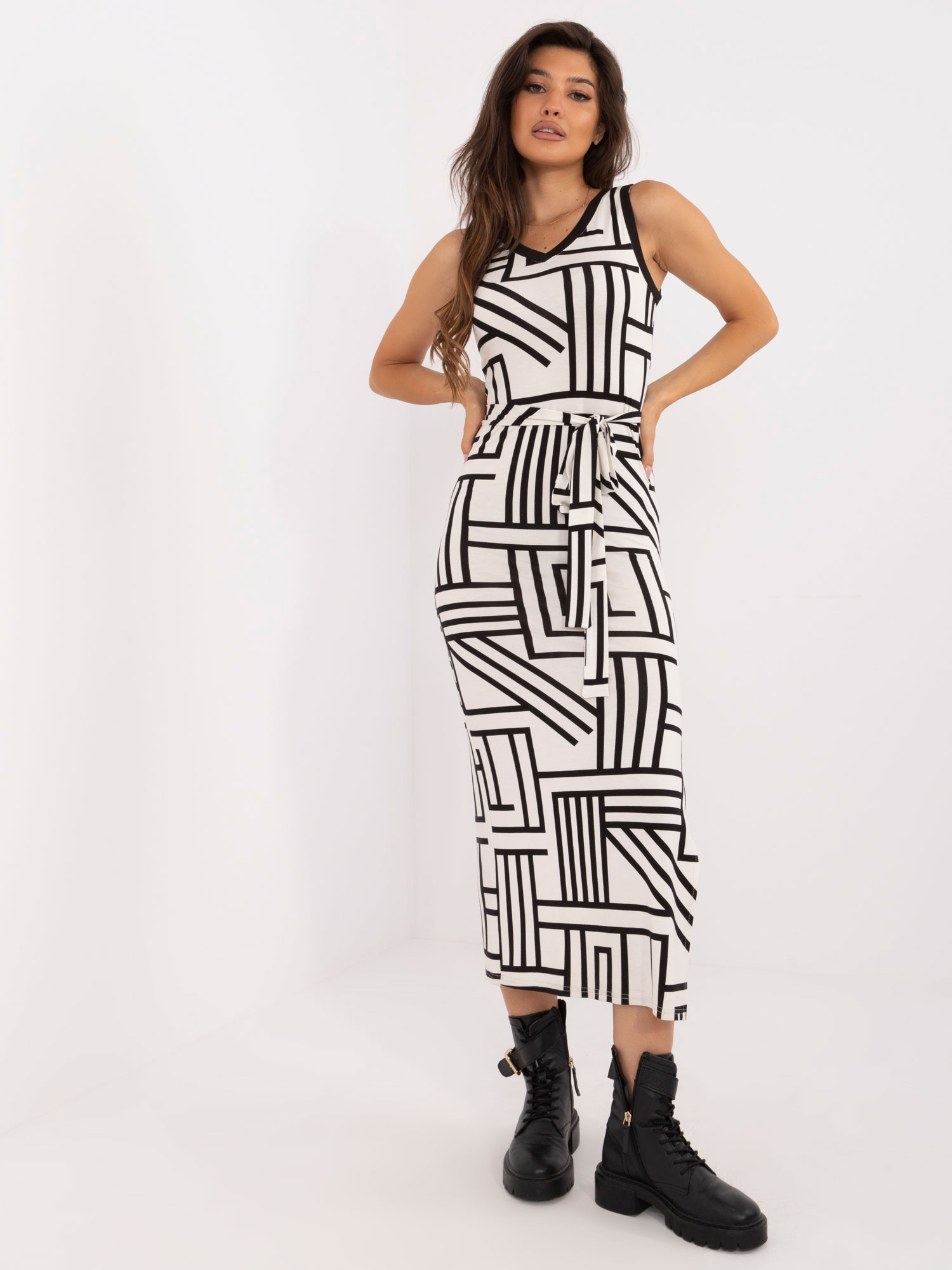 Smotanové vzorované midi šaty s rozparkom LK-SK-509729.20-ecru Veľkosť: L