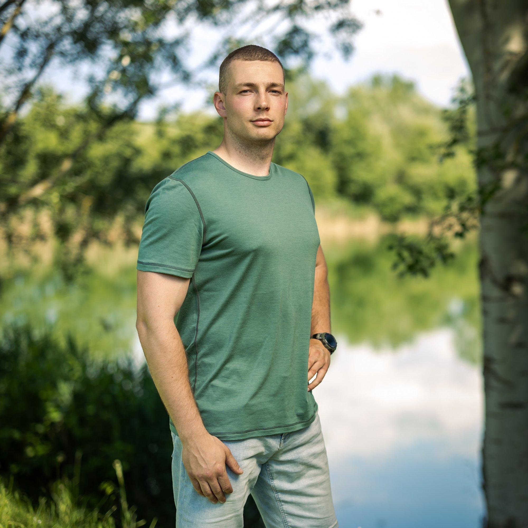 Pánske zelené merino tričko s krátkym rukávom Veľkosť: M