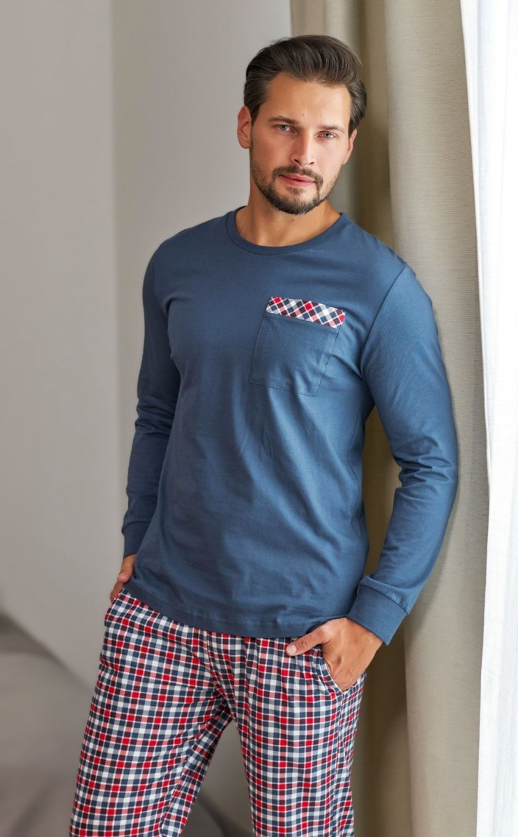 Modré pánske pyžamo s kockovanými nohavicami Doctor Nap Veľkosť: 2XL