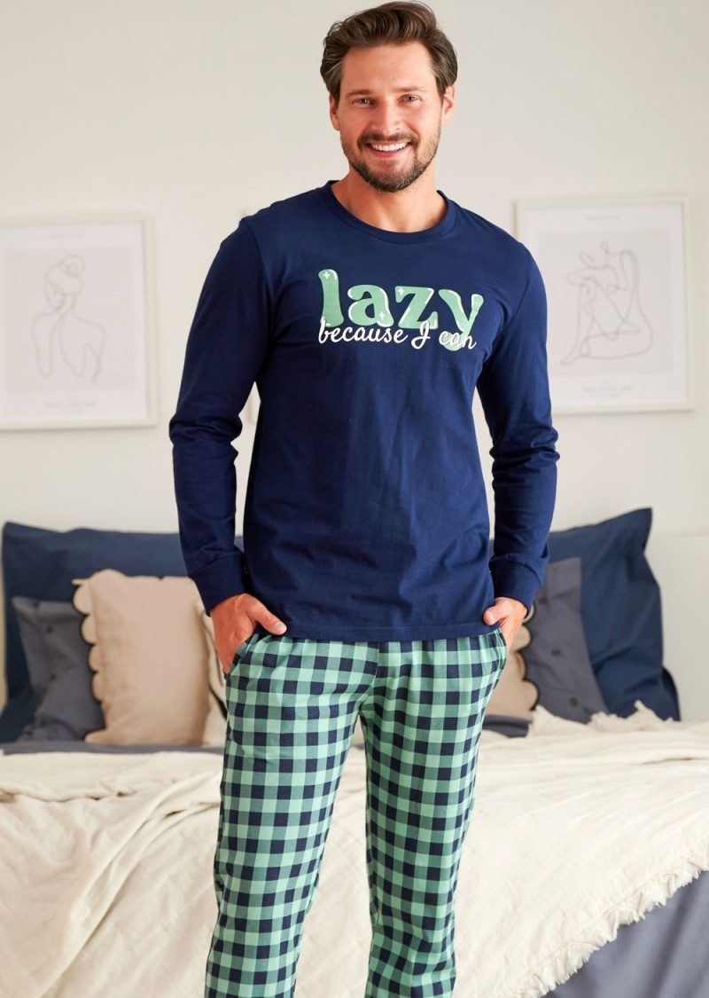 Tmavomodré pánske pyžamo s kockovanými nohavicami Veľkosť: 2XL