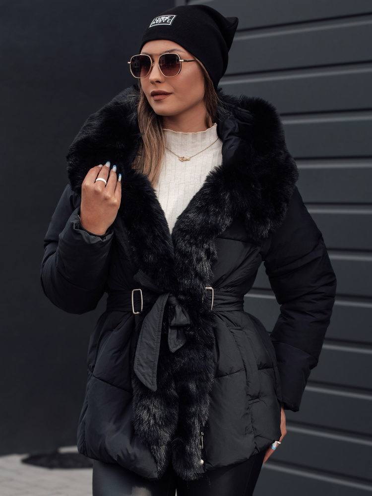 Čierna dámska zimná prešívaná bunda s kožúškom FURSOFT TY4670 Veľkosť: XL