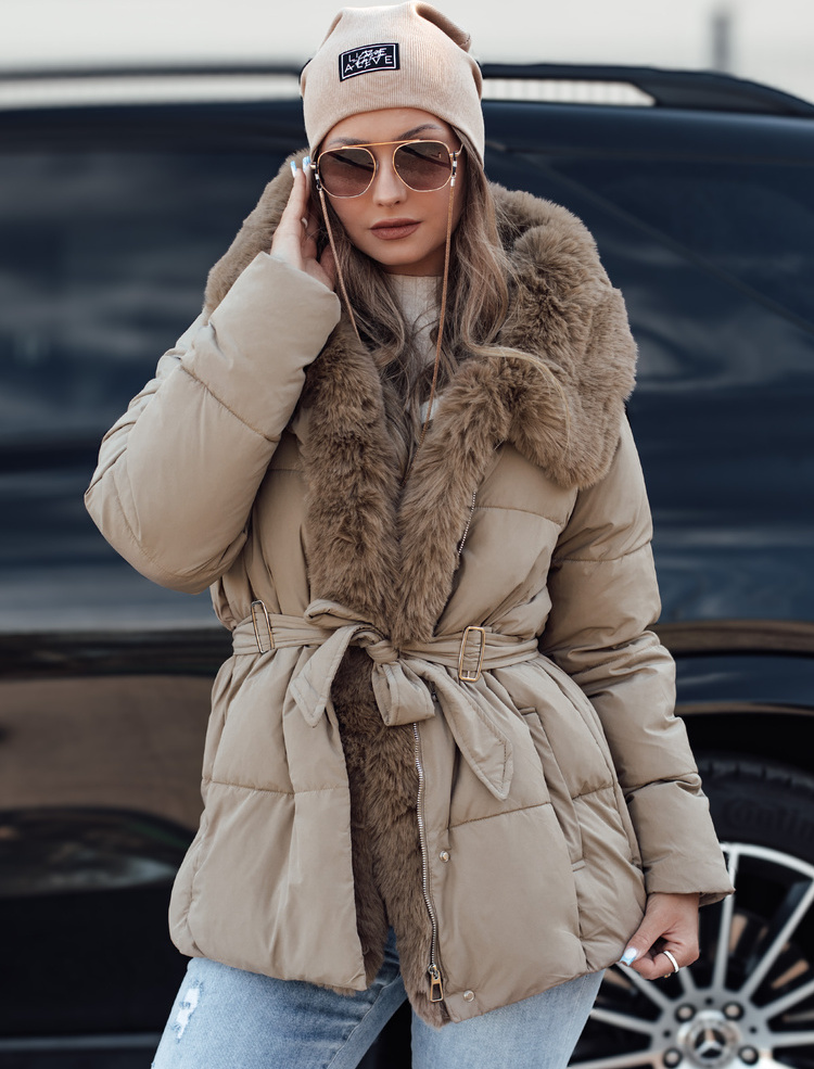 Béžová dámska zimná prešívaná bunda s kožúškom FURSOFT TY4668 Veľkosť: M