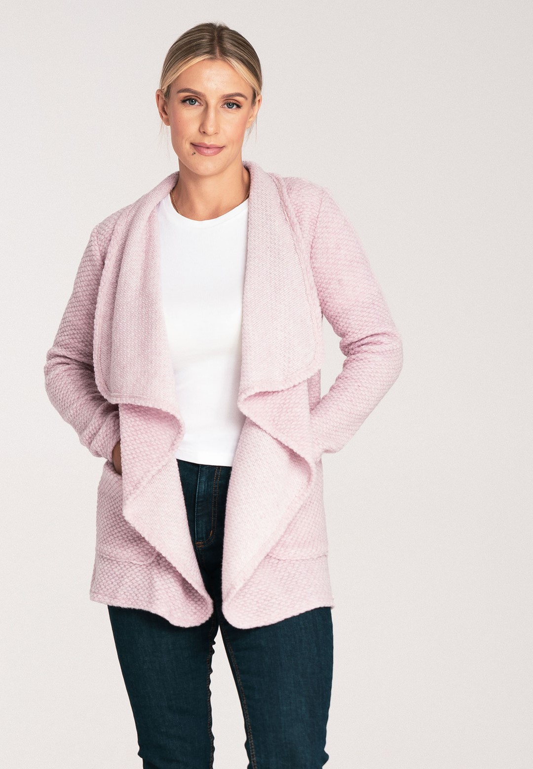 Svetloružový dámsky pletený kardigán M1043 light pink Veľkosť: XL