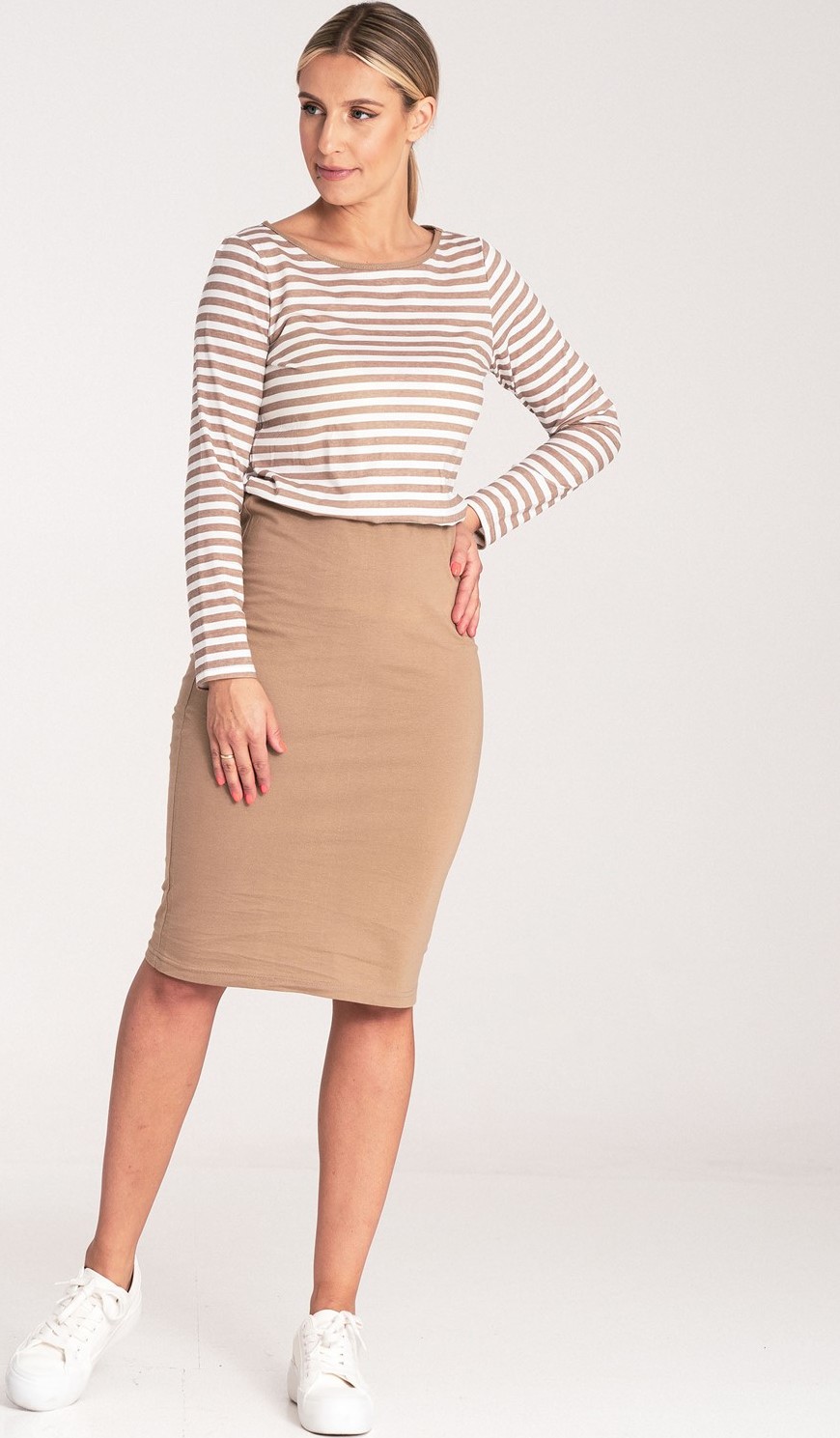 Bavlnené béžové šaty s dlhým rukávom M1057 beige Veľkosť: S